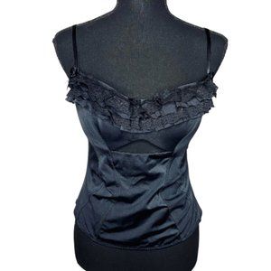 2000s LaSenza Black Corset Bra featuring Lace, Ruffles, and Cut-Outs, Size Large